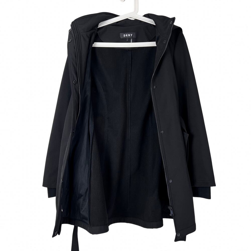 DKNY Black Hooded Belted Coat Women’s Medium Softshell Trench Jacket - Picture 8 of 8